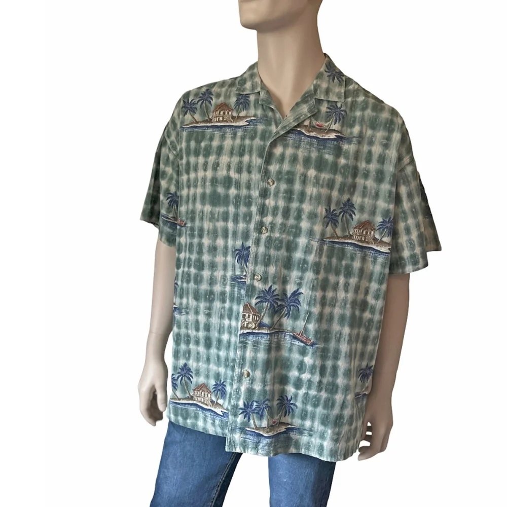 Chaps Ralph Lauren Hawaiian Shirt Tiki Aloha Print Cotton Linen Island Print - Picture 2 of 16